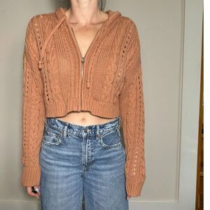Y2K Preppy Aero Tan Orange Zip Up Crochet Sweater Size Large